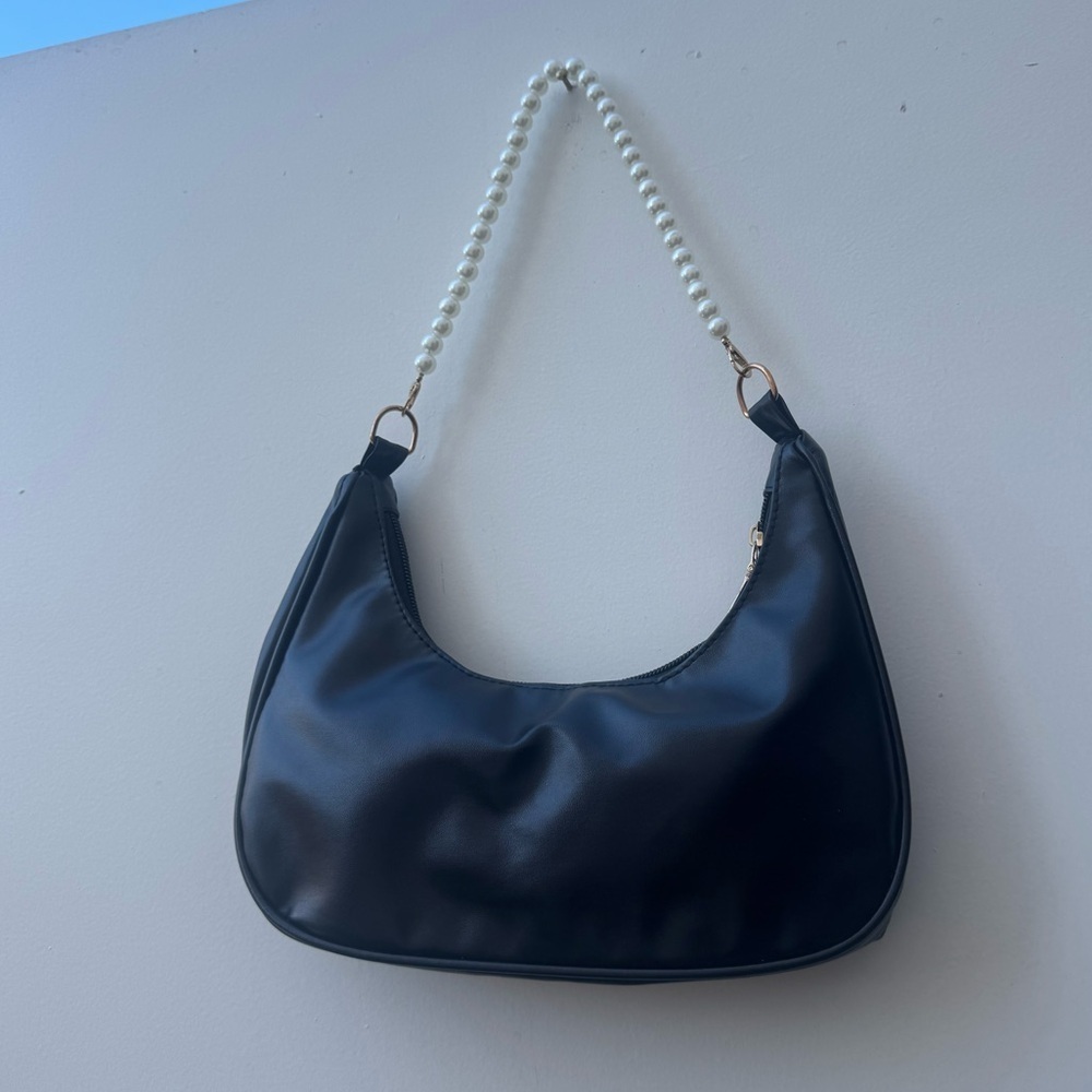 Black Faux Leather Shoulder Bag with Pearl Bader Strap | NWT - Picture 3 of 8